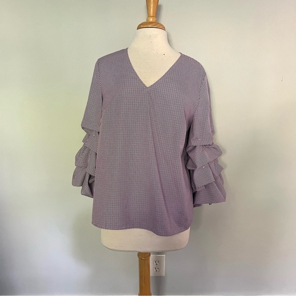 Anthropologie Sunday in Brooklyn Red White Navy Blue Plaid Blouse Top Size L - Picture 1 of 11